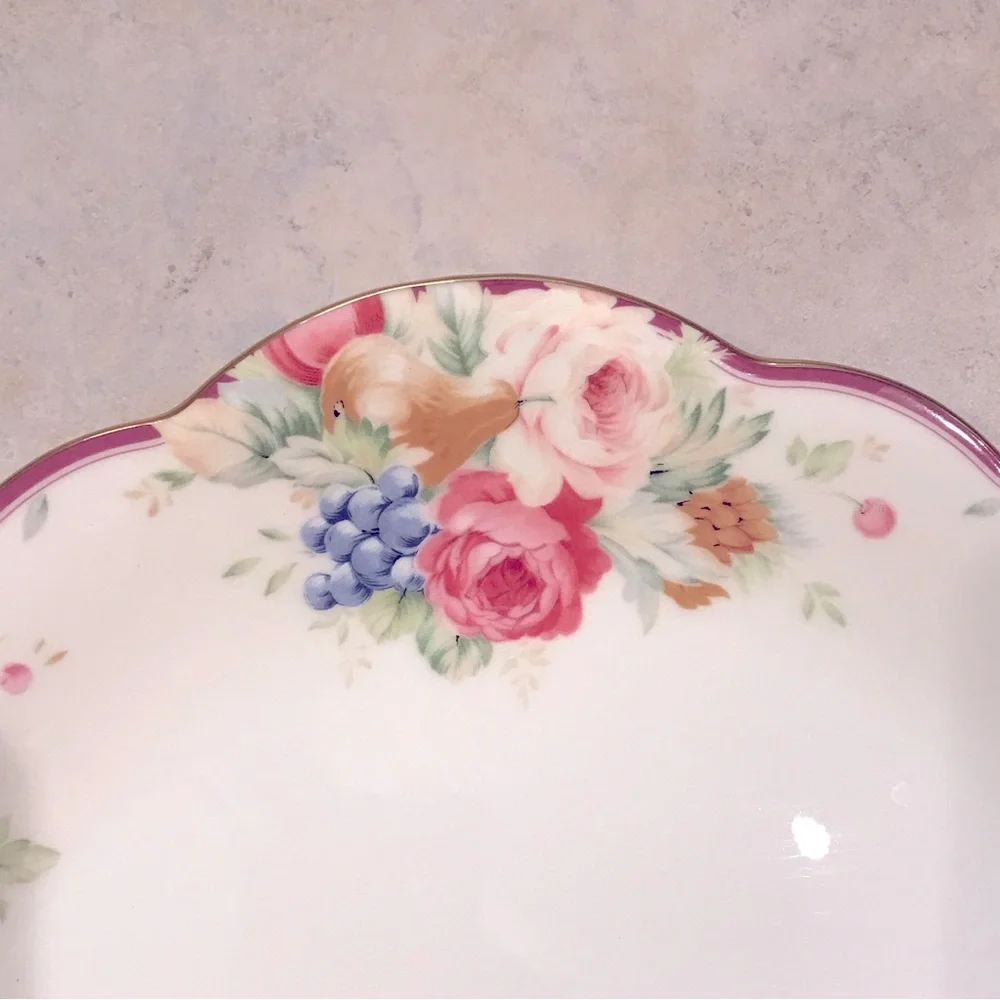 Mikasa Wellington Cake Plate FX013 Rosemead Scalloped Gold Rim Pink Roses Fruit